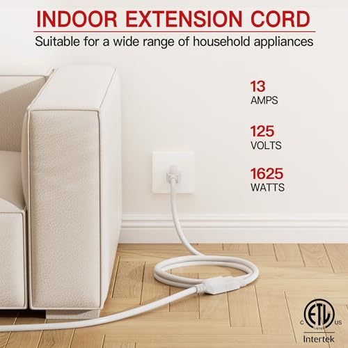 Image of 16 /3 Short Extension Cord 3 FT 2 Pack, White Extension Cord Flexible & Durable, Indoor 3 Prong Power Cable, Suitable for Home and Office, 13 Amp 1625 Watt 125VAC 16AWG, ETL Listed