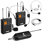 TONOR Microfono Wireless doppio UHF con Microfono archetto/Lavalier Microphone e Trasmettitore Bodypack e Mini Ricevitore Ricaricabile 1/4" Uscita, Distanza 60M Segnale stabile per Prestazioni Live