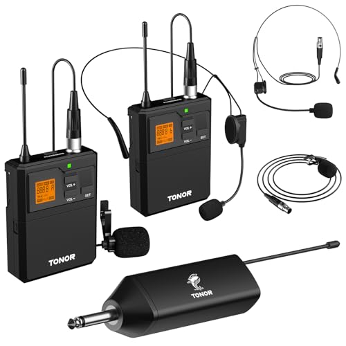 Bezprzewodowy system mikrofonów TONOR UHF z podwójnymi mikrofonami słuchawkowymi/mikrofonami klapowymi Lavalier, nadajniki Bodypack, mini odbiornik ładowalny, 2x5 kanały, zakres 60M, do nagrywania