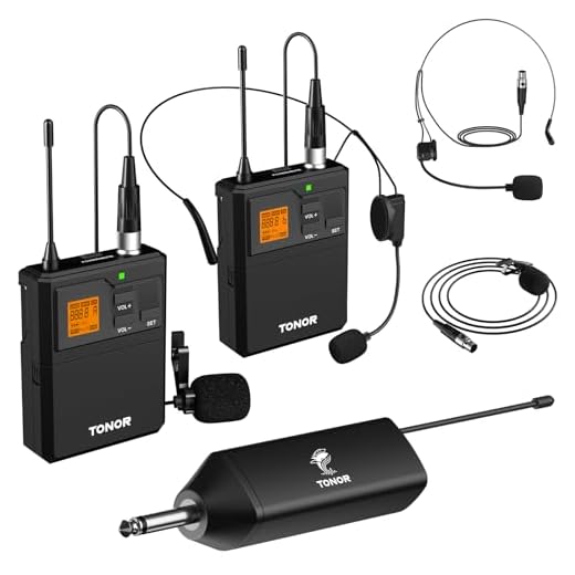 TONOR Microfono Wireless doppio UHF con Microfono archetto/Lavalier Microphone e Trasmettitore Bodypack e Mini Ricevitore Ricaricabile 1/4" Uscita, Distanza 60M Segnale stabile per Prestazioni Live