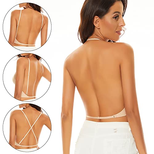 Mitivoway Low Back Bras-Seamless Wireless Triangle Bralette Backless Bra-Low Cut Plunge Open Back Strappy Halter Bra (Nude, Medium) #TOP6