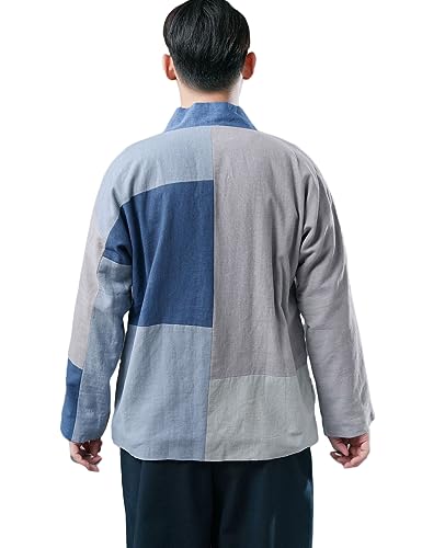 Mens Cotton Linen Patchwork Warm Fleece Lined Open Front Cardigan Frog Buttons Vintage Hippie Jacket2