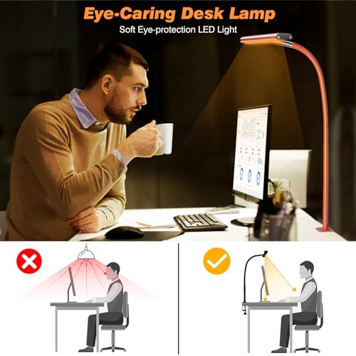 Image of Airlonv LED Desk Lamp for Office Home, Eye-Caring Desk Light with Stepless Dimming Adjustable Flexible Gooseneck, 10W USB Adapter Desk Lamp with Clamp for Reading, Study, Workbench (Orange)