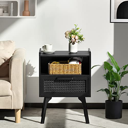 Image of Lerliuo Rattan Nightstands Set of 2, Boho Side Table with Drawer Open Shelf | Cane Accent Bedside End Table with Solid Wood Legs for Bedroom, Dorm and Small Spaces (Black)