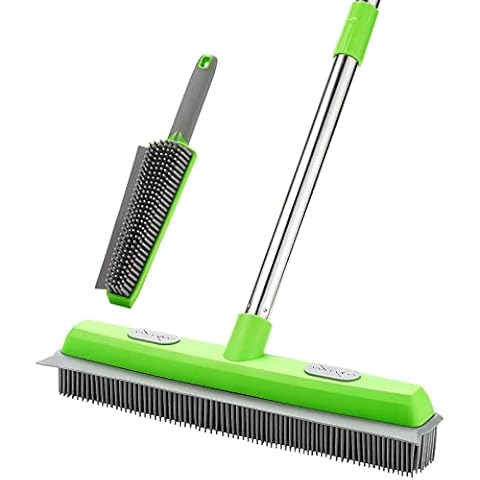 Rubber Broom with Squeegee for Carpet Pet Hair Remover,57 inch Long Handled Fur Remover Rake,Portable Detailing Lint Brush,Pet Removal Fluff Carpet, Hardwood Floor, Tile Cover