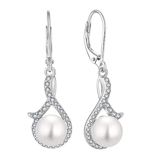Women 925 Sterling Silver Freshwater Pearl Leverback Drop Dangle Earrings 5A Cubic Zirconia Jewelry for Her