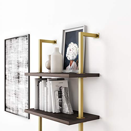 Nathan James Theo 5-Shelf Modern Bookcase, Open Wall Mount Ladder Bookshelf With Industrial Metal Frame, Dark Oak/Gold #TOP4