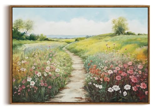 Image of KISSFOX Vintage Framed Wall Art Decor Spring Landscape Pictures Wall Decor Rustic Wildflower Path Paintings Countryside Canvas Art Prints Modern Farmhouse Artwork For Bedroom Kitchen Living Room