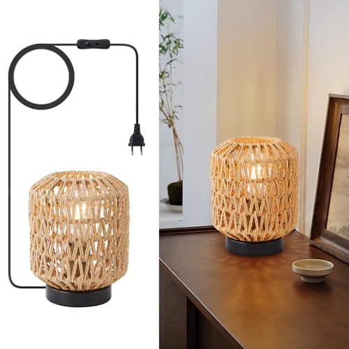 WILON Tisch Lampe, Rattan Lampenschirm Kleine, Tischlampe mit Stecker, E27 Schreibtischlampe Retro, Handgewebte Lampenschirme, Nachtlicht Lampe für Schalfzimmer Kinderzimmer, Esszimmer, Hochzeit WILON Tisch Lampe, Rattan Lampenschirm Kleine, Tischlampe mit Stecker, E27 Schreibtischlampe Retro, Handgewebte Lampenschirme, Nachtlicht Lampe für Schalfzimmer Kinderzimmer, Esszimmer, Hochzeit