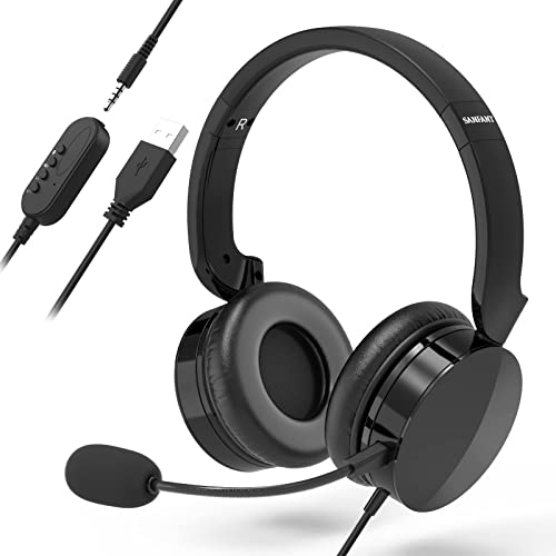 USB Headset/3.5mm Kopfhörer mit Mikrofon für PC, Over-Ear PC Headset, Klare Stereo-Sound, Flexiblen Ohrmuscheln und Mikrofon, Plug & Play Kompatibel mit PC/Laptop/Tablet/Handy für Call Center Office Cover
