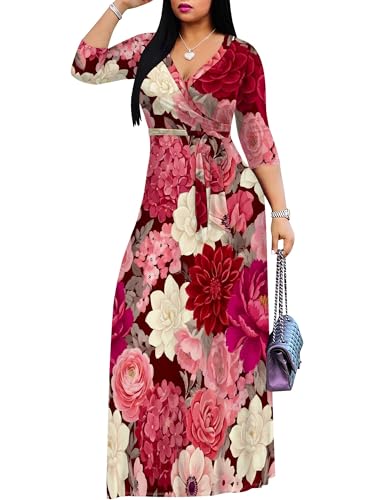 Image of PinkPatty Women's Plus Size Maxi Dresses Casual Flowy 3 /4 Sleeves Dress Printed Vacation Dress for Daily Wear with Belt