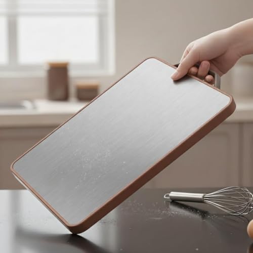 Image of Herrlich Homes Stainless Steel Chopping Board for Kitchen | 38 x 28 cm Large Dual Side Cutting Board with Handle | Anti-Skid Heavy Duty Reversible Board for Vegetables, Meat, Fruits, Chapati Kneading