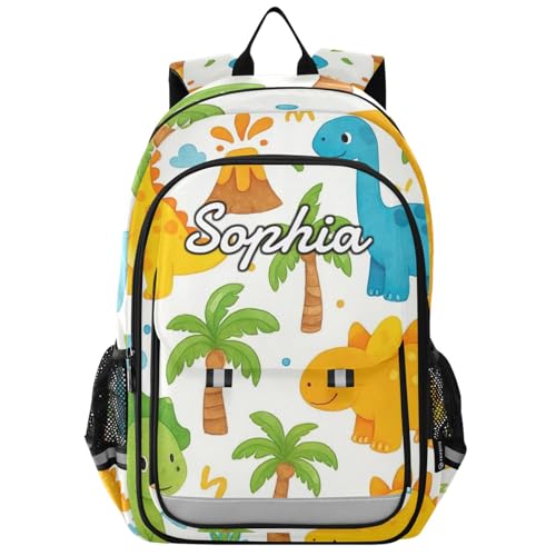 CHIFIGNO Mochila personalizada para crianças mochila escolar personalizada com nome, bolsa escolar personalizada, dinossauros bonitos de desenho animado branco