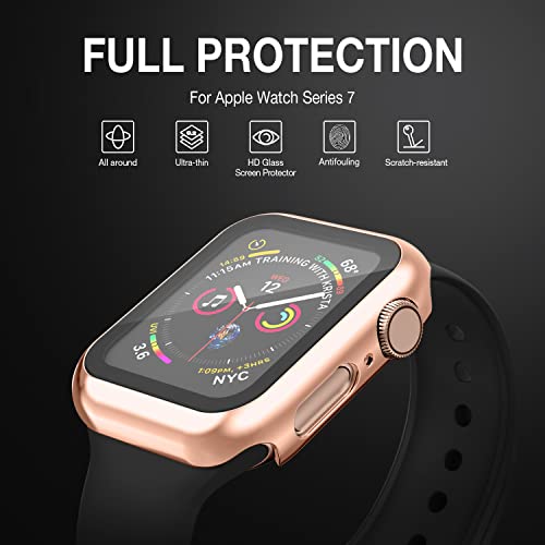 Image of Case Compatible with Apple Watch Series 9 Series 8 Series 7 41mm with Built-in Tempered Glass Screen Protector, All-Around Ultra-Thin Bumper Full Cover Hard PC Protective Case for iWatch, Rose Gold