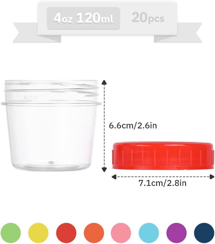 4 OZ 20 Pack Plastic Mason Jars with Colorful Screw On Lid Reusable Storage Containers Food Jars Clear Empty Jars for Kitchen and Home