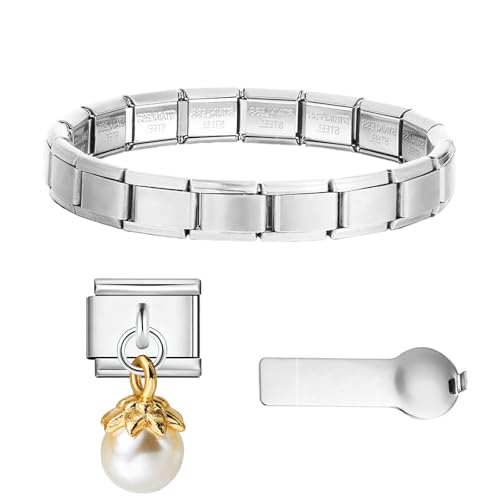 Kit de inicio pulsera de charm italiano 3-en-1, pulsera de eslabones de oro de acero inoxidable de 9mm con charms y herramienta, compatible con charms italianos (perla)