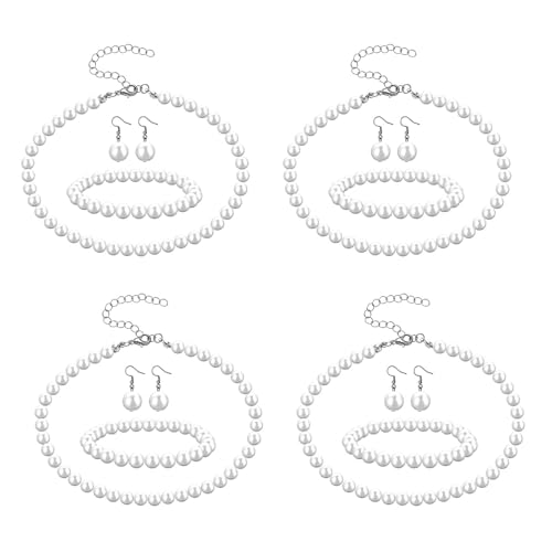 12 Pcs White Pearls Necklace Set 8mm Faux Pearl Necklace and Earring Set for Women Imitation Pearls Necklaces Dangle Earrings Bracelets Costume Jewelry Sets for Wedding Bridal Shower Birthday Gifts
