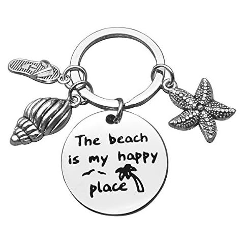 Beach Lover Gift Keyring Beach Keychain The Beach is My Happy Place Keyring Stainless Steel Key Chain Birthday Christmas Graduation Gift for Women Girl Teens Beach Lover Cover