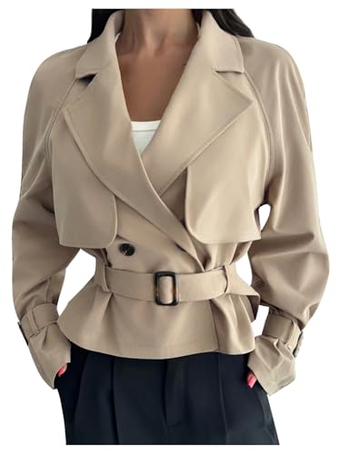 SweatyRocks Women's Long Sleeve Trench Coat Lapel Collar Business Casual Short Jacket Outerwear Khaki Small