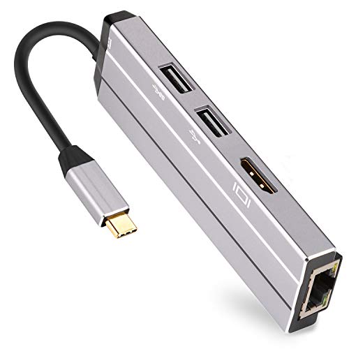 J&D Hub USB C, 5 en 1 Aluminium Adaptateur USB C avec Power Delivery Type C PD Port d'alimentation, Port HDMI 4K, Ethernet RJ45 1000Mbps, USB 3.0/USB 2.0 Adaptateur - Gris