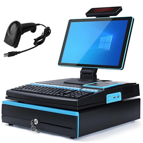 Terminal de punto de venta electrónico con caja registradora, pantalla táctil LED de 15,6', teclado de 101 teclas, escáner portátil, impresora térmica de 58 mm y cajón de efectivo Blue-SingleScreen