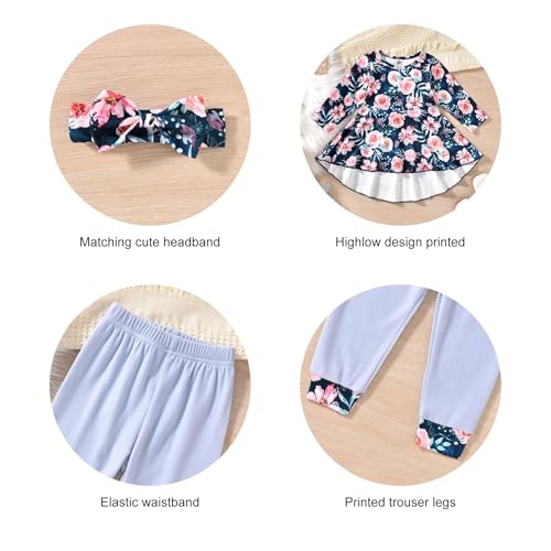 Image of fioukiay Fall Winter 7t Toddler Girl Clothes Little Girl Floral Ruffle Flare Dress Top Legging Pants Set Girls Clothing Outfits