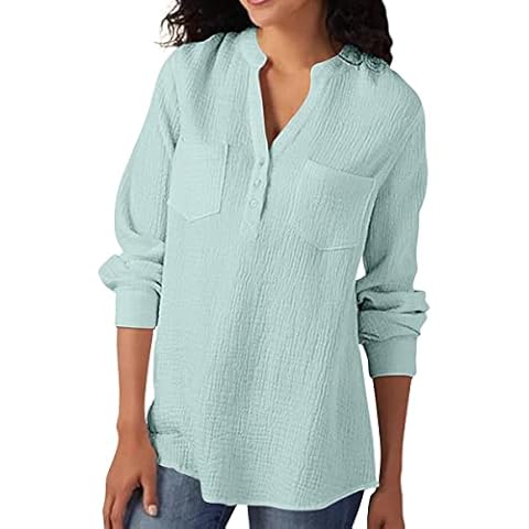 Pretifeel Womens V Neck Cotton Henley Tunic Shirts Long Sleeve Banded Collar Casual Loose Fit Work Blouse Mint Cover