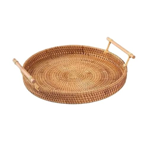 Handwoven Round Rattan Basket Bread Storage Fruit Snack Picnic Tray Snacks Kitchen Supplies(Middle)