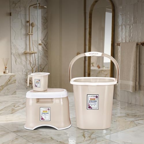 Image of RATAN PLASTICWARE Premia Bathroom Set (Bucket 18L X 1) + (Mug 1.5L X 1) + (Small Stool X 1) - Desert Rose|Light Weight and Easy to Carry|Perfect for Use in Bathrooms, Kitchen & Wet Utility Areas