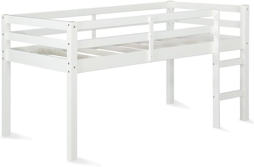 BOWERY HILL Wood Twin Junior Loft Bed, 43" H x 78.75" W x 43.25" D, White Finish, Mission Style, Low Height Design with Guardrail and Stepladder, Space-Saving Small Bedroom Furniture for Kids or