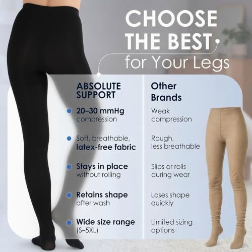 Image of ABSOLUTE SUPPORT Compression Pantyhose 20-30mmHg | Opaque, reinforced heel,toe, latex-free, supports circulation & varicose veins, reduces swelling, post surgery, travel, A204