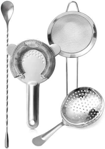 Cocktail Strainer Set – Bar tools Stainless Steel Includes Hawthorne Strainer, Julep & Fine Mesh Cocktail Strainers, Mixing Spoon – Drink Shaker Strainer for Bartending - Thumbnail 2