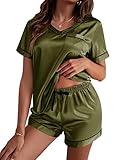 Ekouaer Silk Pajama for Women Short Sleeve Satin Pj Set Two Piece Soft Sleepwear Loungewear Army Green Medium