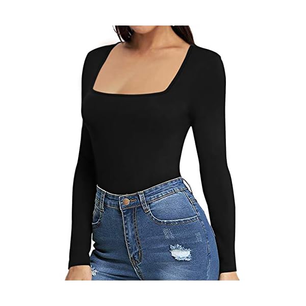MANGOPOP-Womens-Square-Neck-Short-Sleeve-Long-Sleeve-Tops-Bodysuit-Jumpsuit MANGOPOP Bodysuits for Women Long Sleeve Square Neck Tops