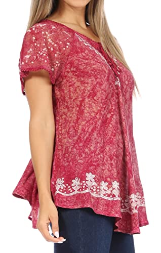 Image of Sakkas Ash Speckled Tiedye Embroidered Cap Sleeve Blouse Top with Embroidery Hems