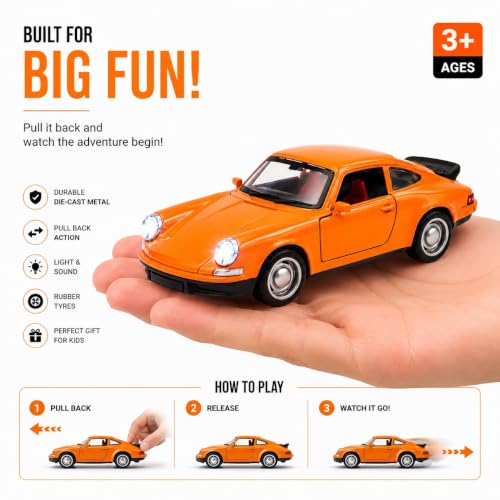 Image of 1:36 Scale Porscha 911 Die-Cast Alloy Toy Car - Pull-Back Metal Sports Car with Openable Doors, LED Lights & Sound - Collectible Model for Kids, Boys & Enthusiasts (Orange)