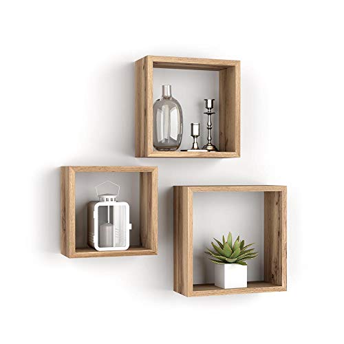 Mobili Fiver, Set de 3 estantes de Pared Cuadrados, Giuditta, Madera Rustica, Aglomerado y Melamina, Made in Italy