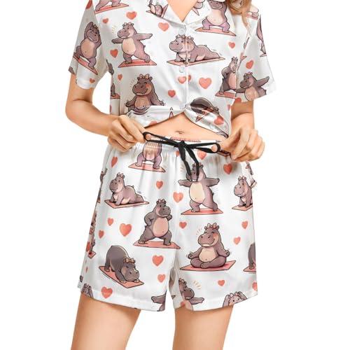 Image of Funny Pajamas for Women Set Print Satin Loungewear Pjs Short Sleeve Button Down Top and Shorts Sets Sleepwear XS-3XL