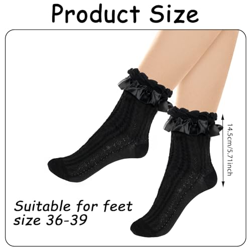 Giantree 3 Pairs Women Frilly Lace Ankle Ruffle Socks, Soft Comfortable Cotton Cute Princess Lolita Socks (Black)2