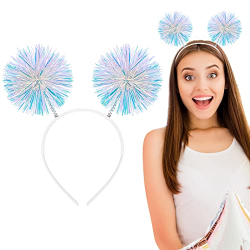 Photo de WLLHYF Bandeau tendance avec bandes en aluminium et pompons - Accessoire de cheveux pour femmes et filles - Pour Noël, anniversaire (blanc)