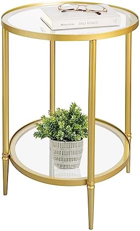2 Tier Round Side Table, Gold End Table with Glass Top, Modern Me...
