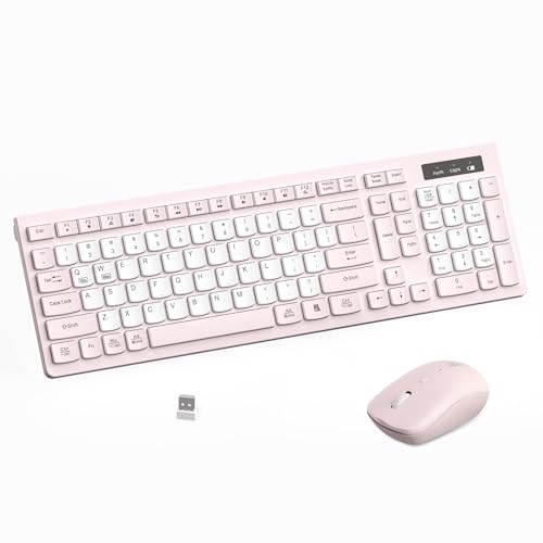 Wireless Keyboard and Mouse Combo, Full-Sized Quiet Wireless Keyboard and Adjustable DPI Mouse, 2.4GHz USB Receiver, Keyboard and Mouse for PC, Windows, Desktop, Laptop (Pink and White-B)
