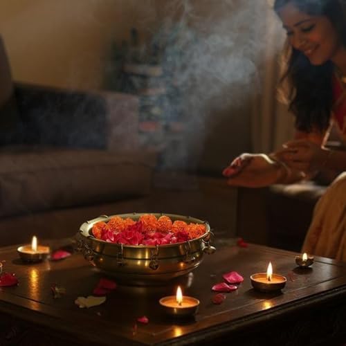 Image of Antique Brass Urli Bowl for Home Decor | Traditional Flower Floating Bowl with Ghungru | Brass Pooja Decoration Urli for Living Room, Diwali, Festive Use