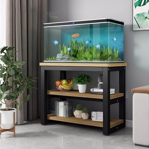 Soporte para Pecera de 3 Niveles, Mueble Expositor para Acuarios con Estantes Abiertos, Estructura Metálica, para Guardar Accesorios de Peceras(Black+Natural,90x45x70cm)