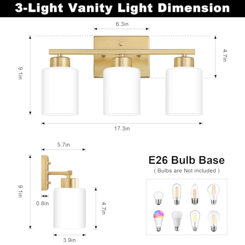 Image of FonmYim Gold Bathroom Light Fixtures, 3-Light Modern Vanity Light Over Mirror, Wall Sconces with Milky White Frosted Glass Shades, E26 Socket (Bulbs Not Included)
