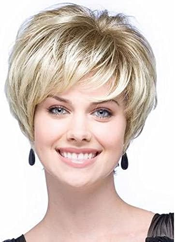 Creamily Short Blonde Wigs Natural Straight Pixie Cut Wigs Layered Synthetic Hair Short Wig for Women (Blonde Mixed Brown)