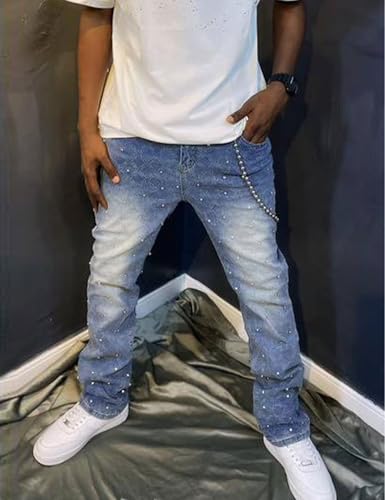 Men Rhinestone Skinny Ripped Jeans Y2k Stretch Slim Fit Stacked Jeans Grunge Denim Pants3