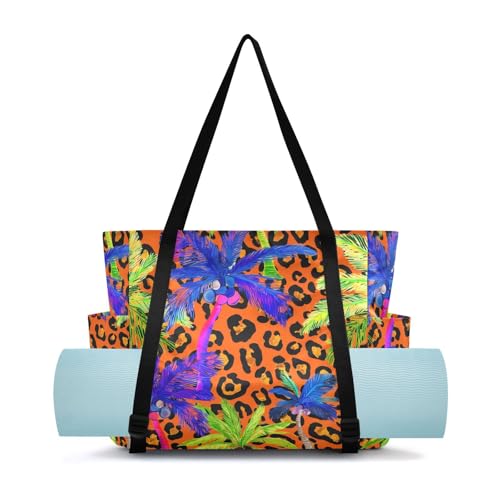 Lxqimora Palmtrees Leopard Orange Yoga Mat Bag for Women Water-Resistant Gym Bag with Yoga Mat Holder Tote Bag for Gym Pilates Travel Yoga