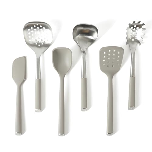 Image of Calphalon Edge 6-Piece Stainless Steel and Silicone Kitchen Tool Set, Kitchen Utensil Set, Scraper, Skimmer, Spoon, Ladle, Turner, Pasta Server, Heat Resistant Nonstick Safe Cooking Utensils (Taupe)