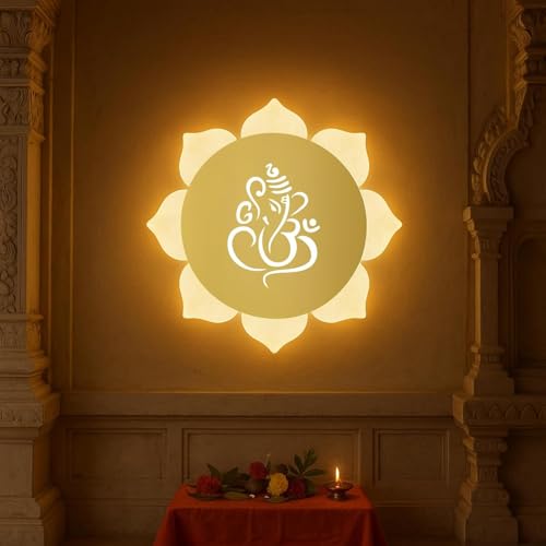 Image of Flower Ganpati LED Wall Light - Gold & Frosted Acrylic | Ideal for Temple, Living Room, Bedroom, Pooja Room, Mandir & Shops - (1 Pack)